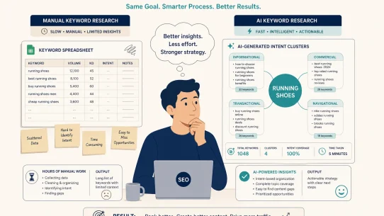 AI for SEO keyword research 2026 flat vector illustration SEO professional comparing manual keyword spreadsheet versus AI intent cluster map side by side