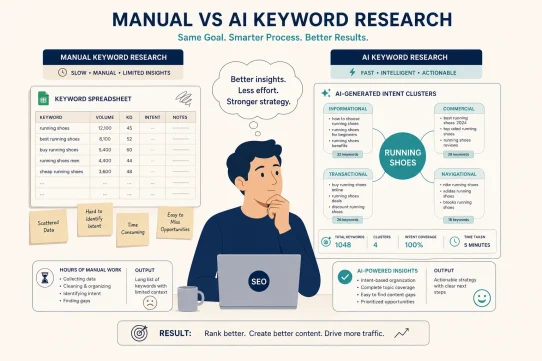 AI for SEO keyword research 2026 flat vector illustration SEO professional comparing manual keyword spreadsheet versus AI intent cluster map side by side