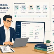 how to use AI to automate repetitive tasks at work 2026 flat vector illustration professional desk automation workflow dashboard email scheduler meeting summary panels