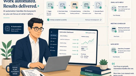 how to use AI to automate repetitive tasks at work 2026 flat vector illustration professional desk automation workflow dashboard email scheduler meeting summary panels
