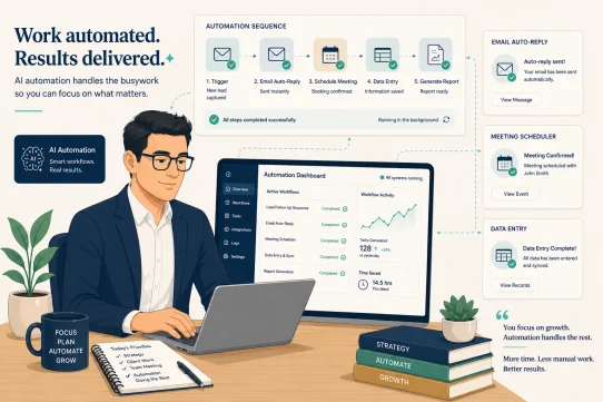 how to use AI to automate repetitive tasks at work 2026 flat vector illustration professional desk automation workflow dashboard email scheduler meeting summary panels