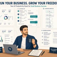 best AI tools for small business owners 2026 flat vector illustration owner desk marketing dashboard automation workflow customer chat panels