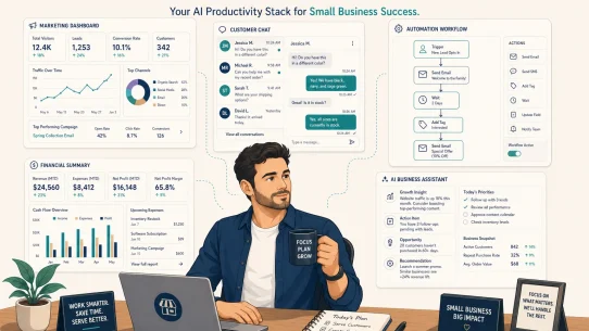 best AI tools for small business owners 2026 flat vector illustration owner desk marketing dashboard automation workflow customer chat panels
