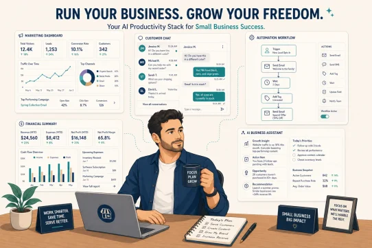 best AI tools for small business owners 2026 flat vector illustration owner desk marketing dashboard automation workflow customer chat panels
