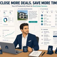 best AI tools for real estate agents 2026 flat vector illustration agent desk CRM listing editor market analysis panels