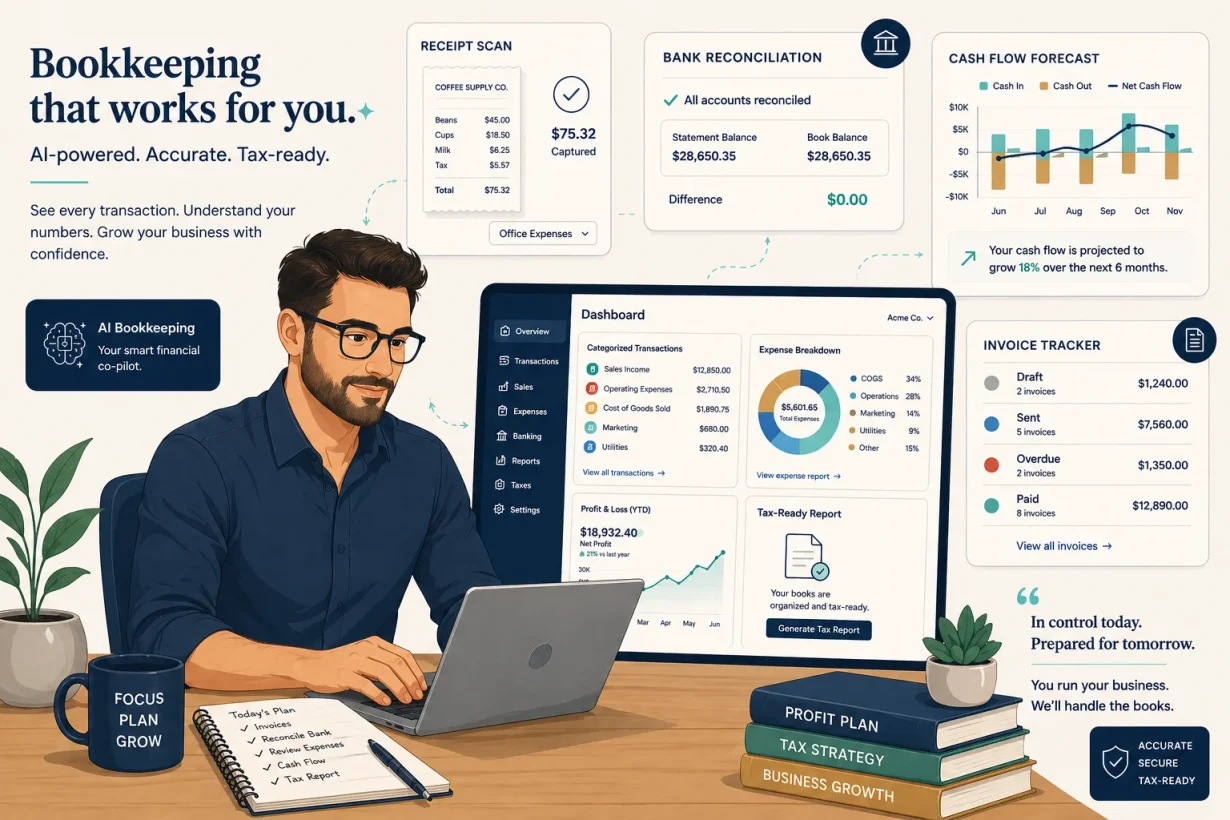 how to use AI for small business bookkeeping 2026 flat vector illustration owner desk bookkeeping dashboard receipt scan cash flow forecast tax report panels