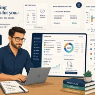 how to use AI for small business bookkeeping 2026 flat vector illustration owner desk bookkeeping dashboard receipt scan cash flow forecast tax report panels