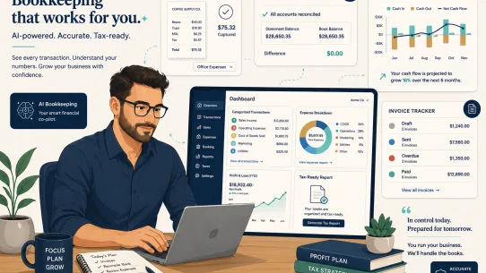 how to use AI for small business bookkeeping 2026 flat vector illustration owner desk bookkeeping dashboard receipt scan cash flow forecast tax report panels