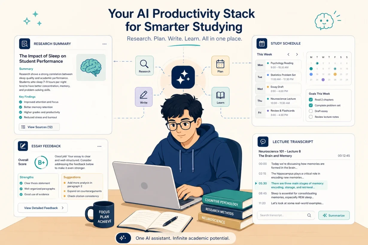 Best AI tools for students - student at desk, focused expression, laptop open, surrounded by floating UI panels