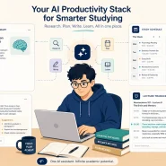 Best AI tools for students - student at desk, focused expression, laptop open, surrounded by floating UI panels