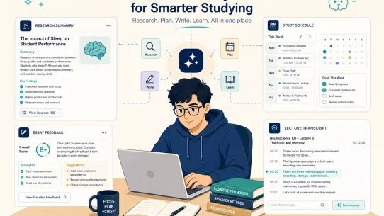 Best AI tools for students - student at desk, focused expression, laptop open, surrounded by floating UI panels