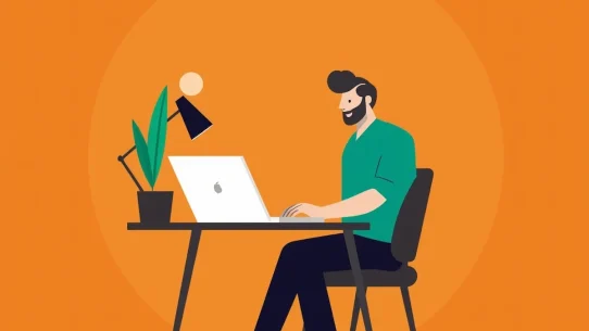 Best AI tools for freelancers - illustrated freelancer working on laptop orange background