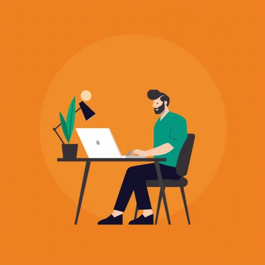 Best AI tools for freelancers - illustrated freelancer working on laptop orange background