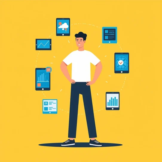 Free AI tools for solopreneurs - solo figure with digital tools orbiting yellow background