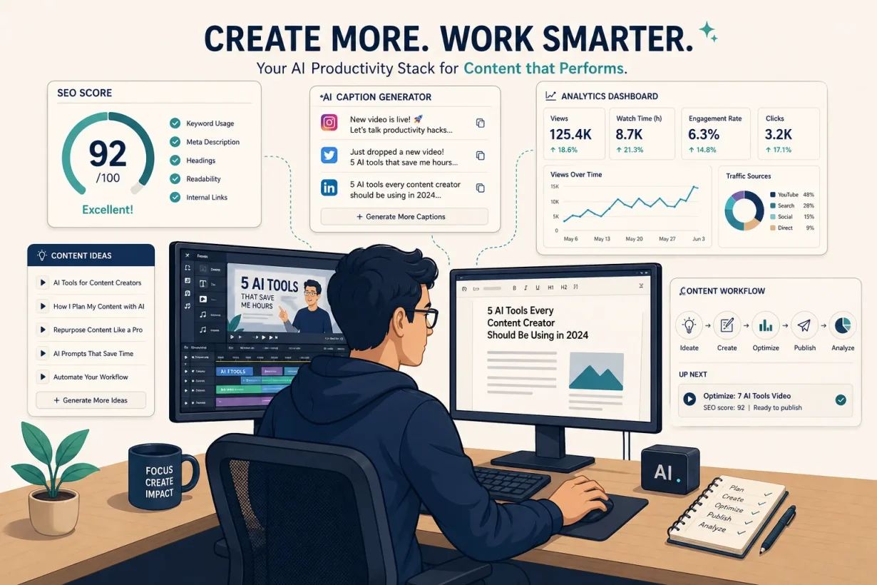 best AI tools for content creators 2026 flat vector illustration creator desk with SEO video and social media AI panels