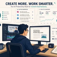 best AI tools for content creators 2026 flat vector illustration creator desk with SEO video and social media AI panels