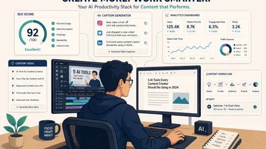 best AI tools for content creators 2026 flat vector illustration creator desk with SEO video and social media AI panels