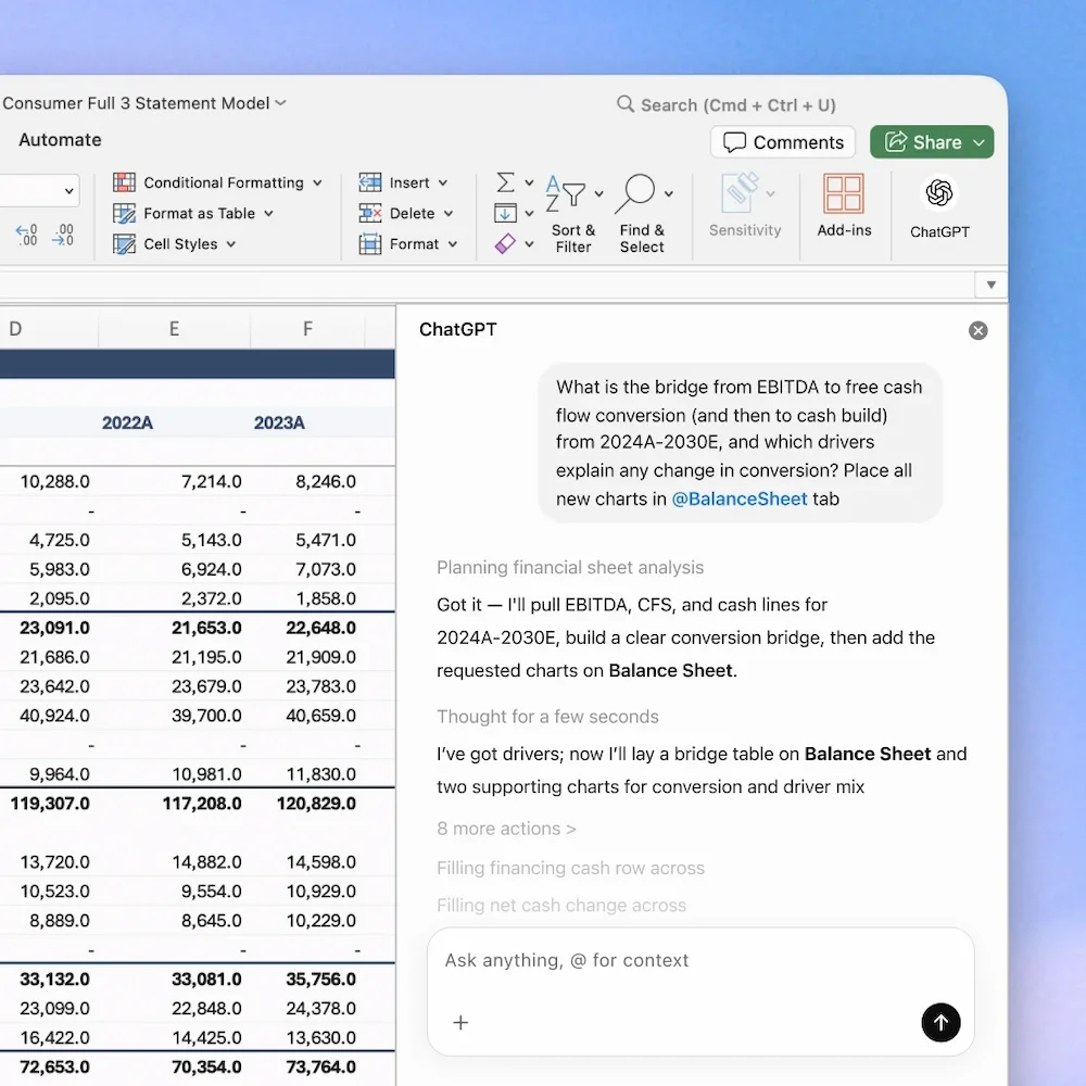 ChatGPT Plus interface with data analysis panel and custom GPT sidebar open