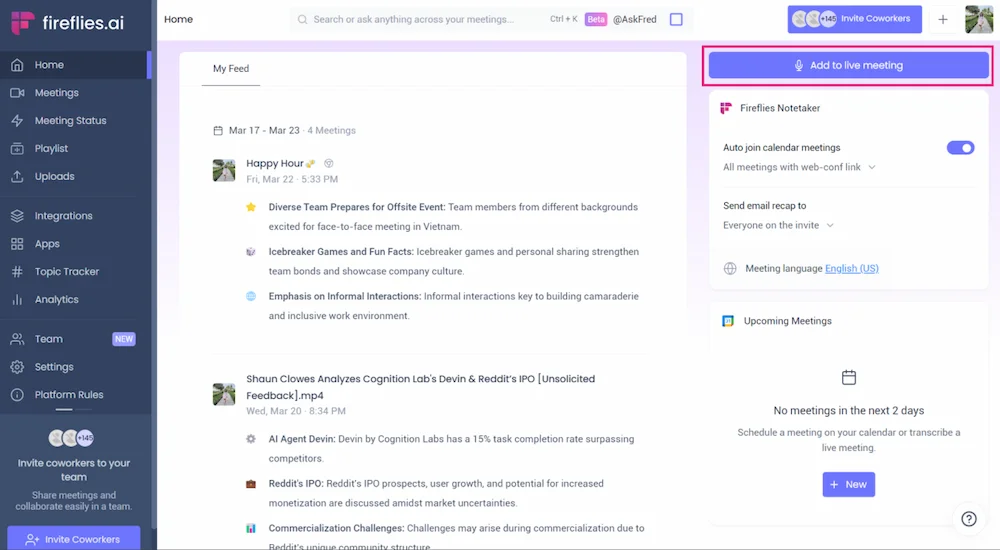 Fireflies.ai post-meeting dashboard speaker analytics action items CRM sync solopreneur 2026
