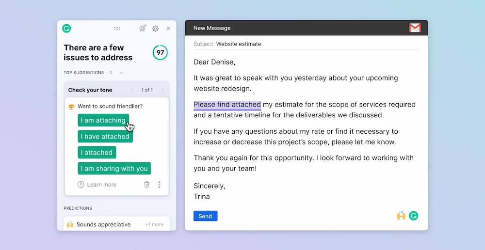 Grammarly tone detector active in a Gmail draft with paragraph rewrite suggestions