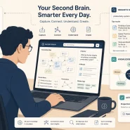 how to build a second brain with AI tools 2026 flat vector illustration knowledge worker information overload articles meeting notes voice memos PDFs automatically organized PARA structure