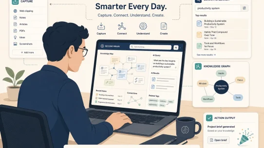 how to build a second brain with AI tools 2026 flat vector illustration knowledge worker information overload articles meeting notes voice memos PDFs automatically organized PARA structure