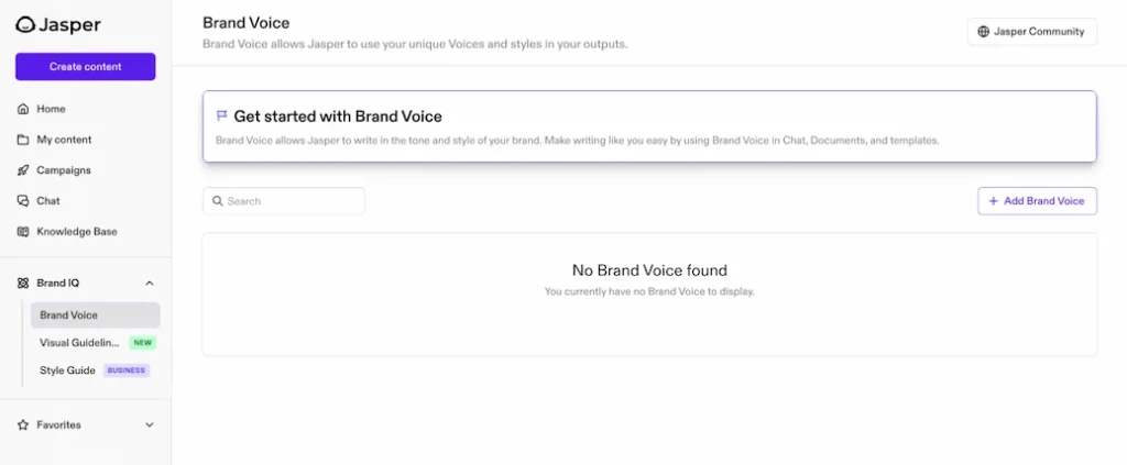 Jasper AI dashboard showing Brand Voice settings and long-form editor in 2026
