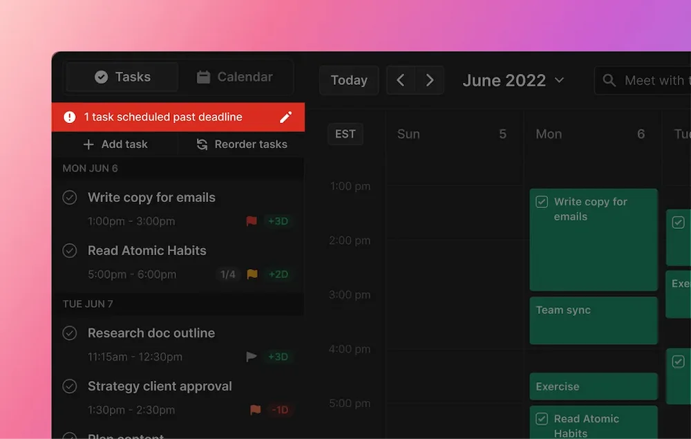 Motion AI calendar weekly view with auto-rescheduled task blocks and meeting overlays