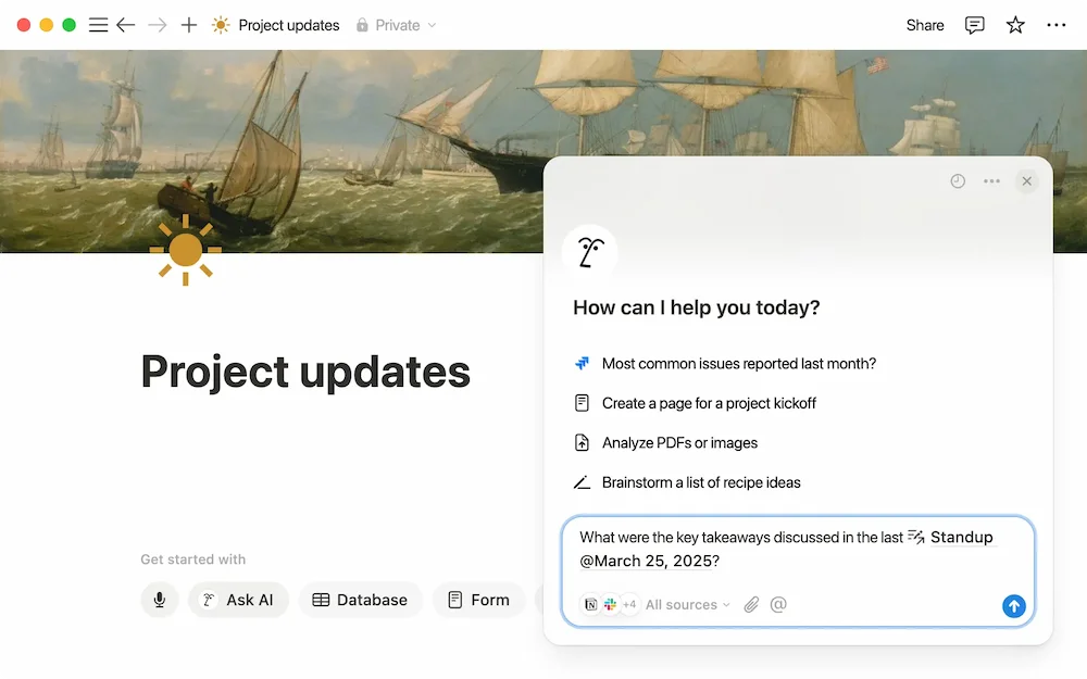 Notion AI answering a question across a project database and meeting notes