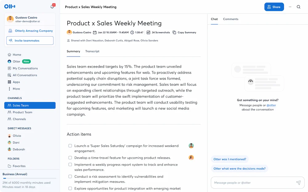 Otter.ai post-meeting summary screen with action items highlighted and timestamped