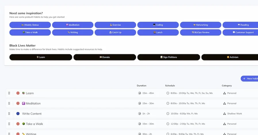 Reclaim AI habit scheduler protecting a deep work focus block from meeting requests