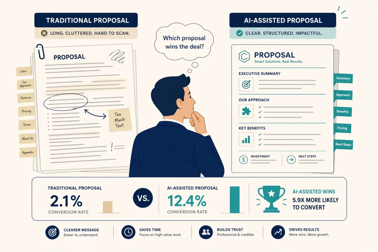 client proposals with AI 2026 flat vector illustration consultant comparing generic long proposal versus clean AI-assisted structured proposal conversion rate indicator