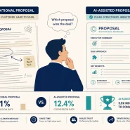 client proposals with AI 2026 flat vector illustration consultant comparing generic long proposal versus clean AI-assisted structured proposal conversion rate indicator