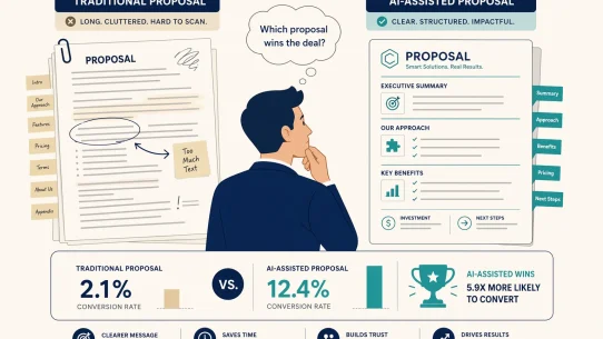 client proposals with AI 2026 flat vector illustration consultant comparing generic long proposal versus clean AI-assisted structured proposal conversion rate indicator