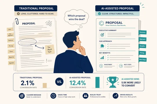 client proposals with AI 2026 flat vector illustration consultant comparing generic long proposal versus clean AI-assisted structured proposal conversion rate indicator