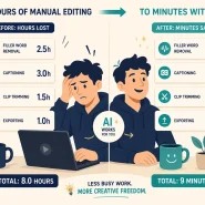 how to use AI to speed up video editing 2026 flat vector illustration creator editing task time cost labels filler word removal captioning trimming replaced by AI automation panels