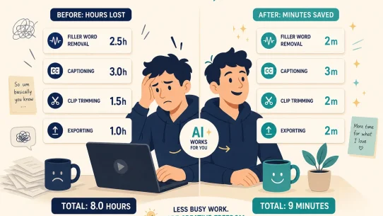 how to use AI to speed up video editing 2026 flat vector illustration creator editing task time cost labels filler word removal captioning trimming replaced by AI automation panels