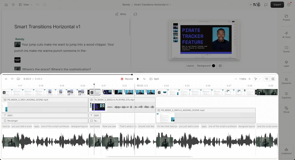 Descript transcript-based video editor filler word removal timeline auto-update podcast editing 2026