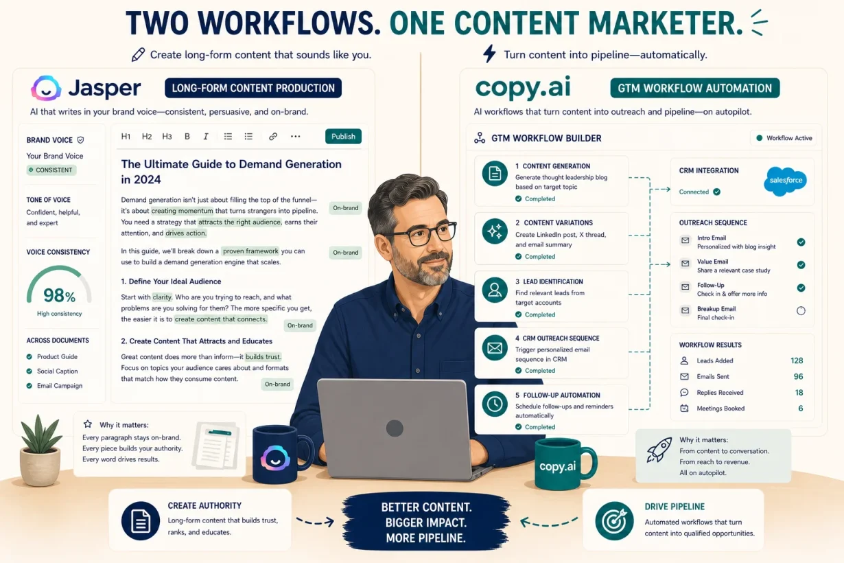 Jasper AI vs Copy.ai workflow comparison 2026 long-form brand voice consistent blog draft versus GTM workflow builder CRM outreach sequence