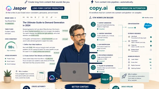Jasper AI vs Copy.ai workflow comparison 2026 long-form brand voice consistent blog draft versus GTM workflow builder CRM outreach sequence