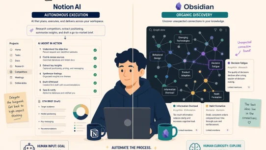 Notion AI vs Obsidian 2026 contrast autonomous task execution database versus organic knowledge graph linked research notes