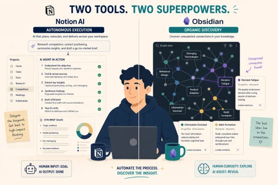 Notion AI vs Obsidian 2026 contrast autonomous task execution database versus organic knowledge graph linked research notes