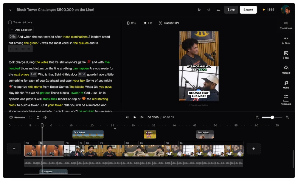 Opus Clip AI clip generation dashboard 15 short clips virality score ranking auto-reframe social media 2026