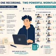 Descript vs Opus Clip workflow comparison 2026 long-form transcript filler word removal versus 15 auto-generated short clips viral score ranking