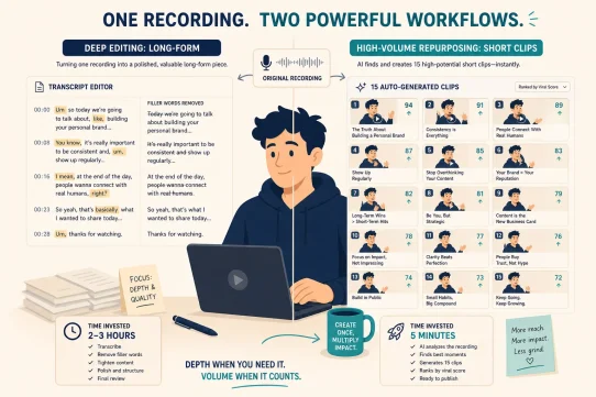 Descript vs Opus Clip workflow comparison 2026 long-form transcript filler word removal versus 15 auto-generated short clips viral score ranking