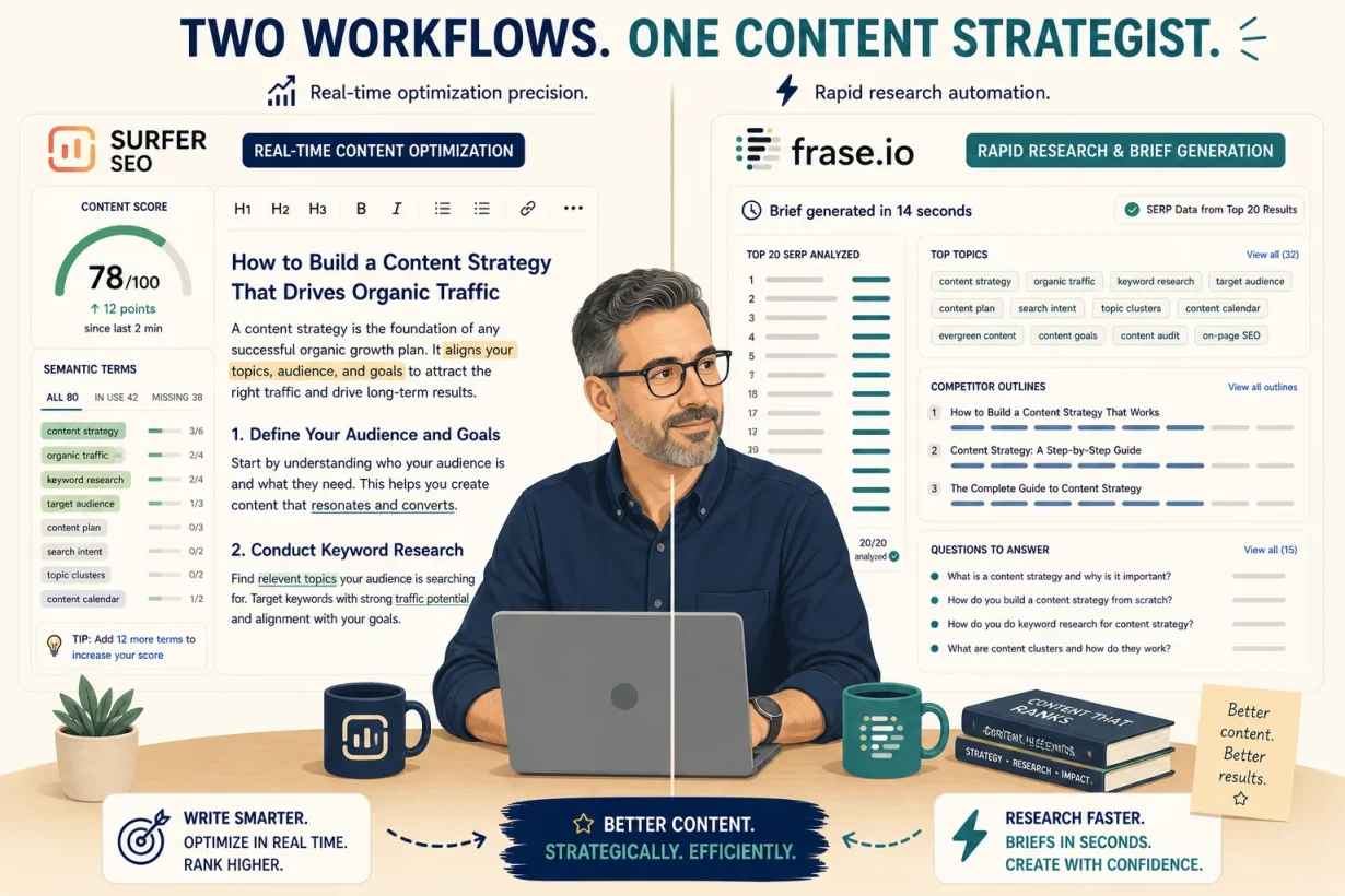 Surfer SEO vs Frase workflow comparison 2026 real-time content score updating versus brief generation SERP data 20 results seconds