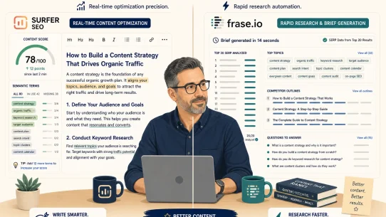 Surfer SEO vs Frase workflow comparison 2026 real-time content score updating versus brief generation SERP data 20 results seconds
